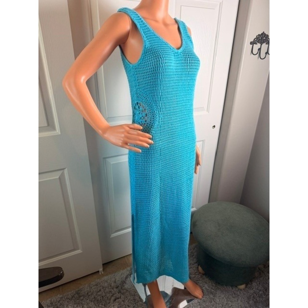 New Elan Turquoise knitted crochet maxi long swim coverup dress Size M